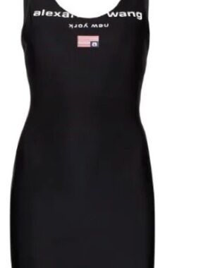 Alexander Wang Black Logo Tank Slip Dress with Small Flag Motif
